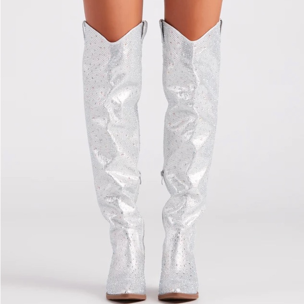 NEW Silver Thigh High Western Style Bedazzled Cowboy
Boots - Picture 7 of 14